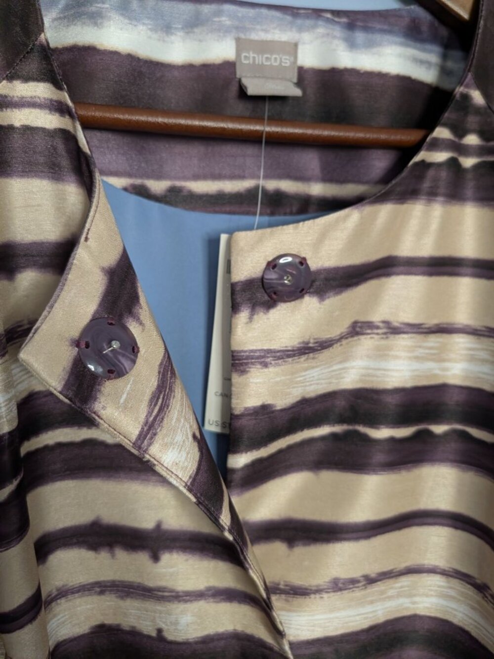 Chicos Satin Shantung Topper Jacket Sz 12 Watercolor Stripes 3/4 Sleeves lg - Picture 7 of 13